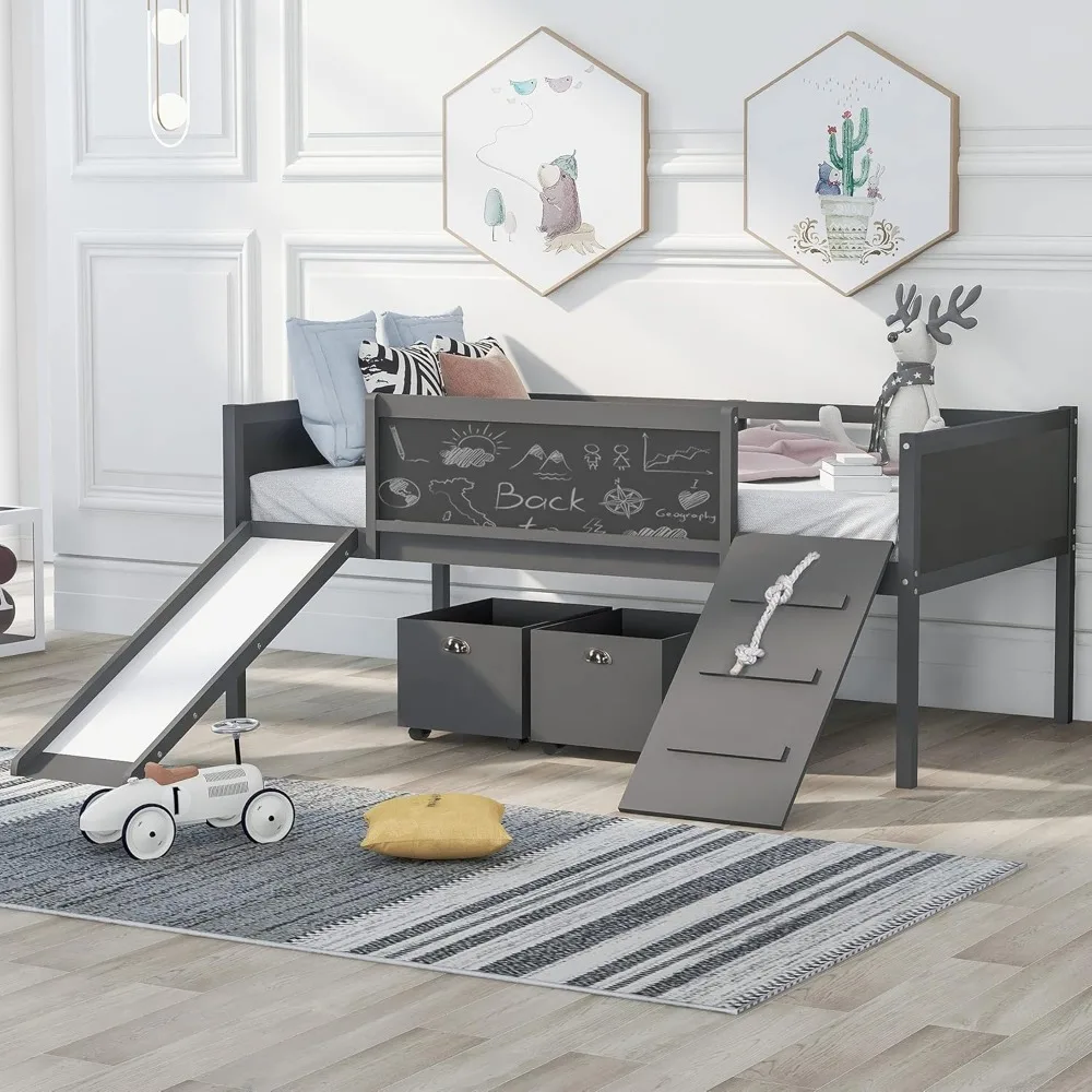 

Bellemave Low Loft Bed with Slide, Twin, Grey, Wooden Frame, Storage Boxes, Chalk Board for Kids