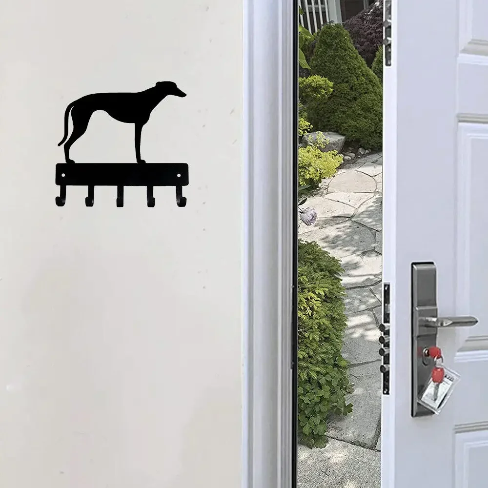 Metal Wall Art for Entryway - Greyhound Key Holder with Hooks, 9/6 Inch Wide Leash Organizer, Dog Lover Home Decor