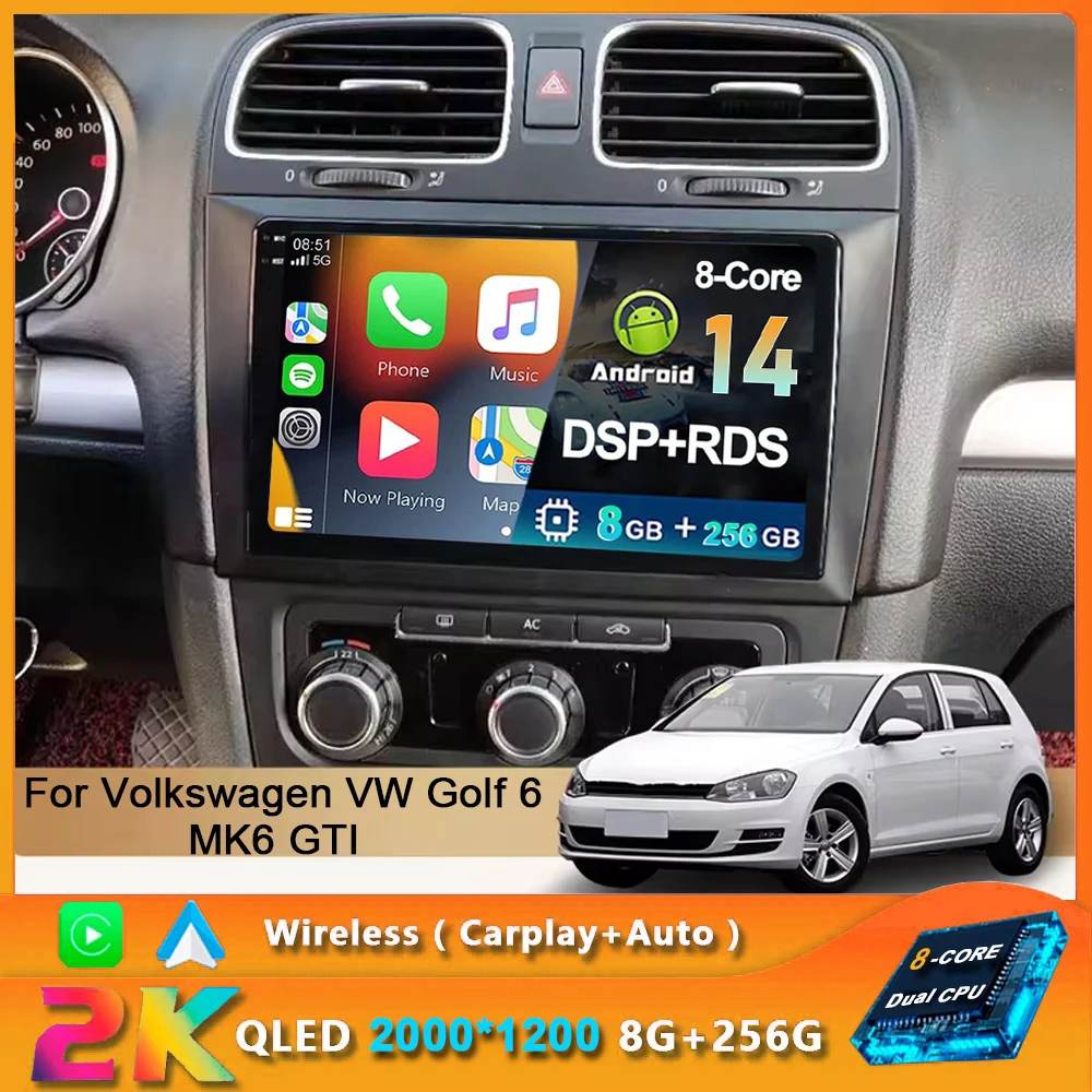 Car Radio For Volkswagen VW Golf 6 MK6 GTI 2008 - 2016 Wireless Carplay Android 14 Auto Radio Car Multimedia 4G DSP 48EQ 2 Din