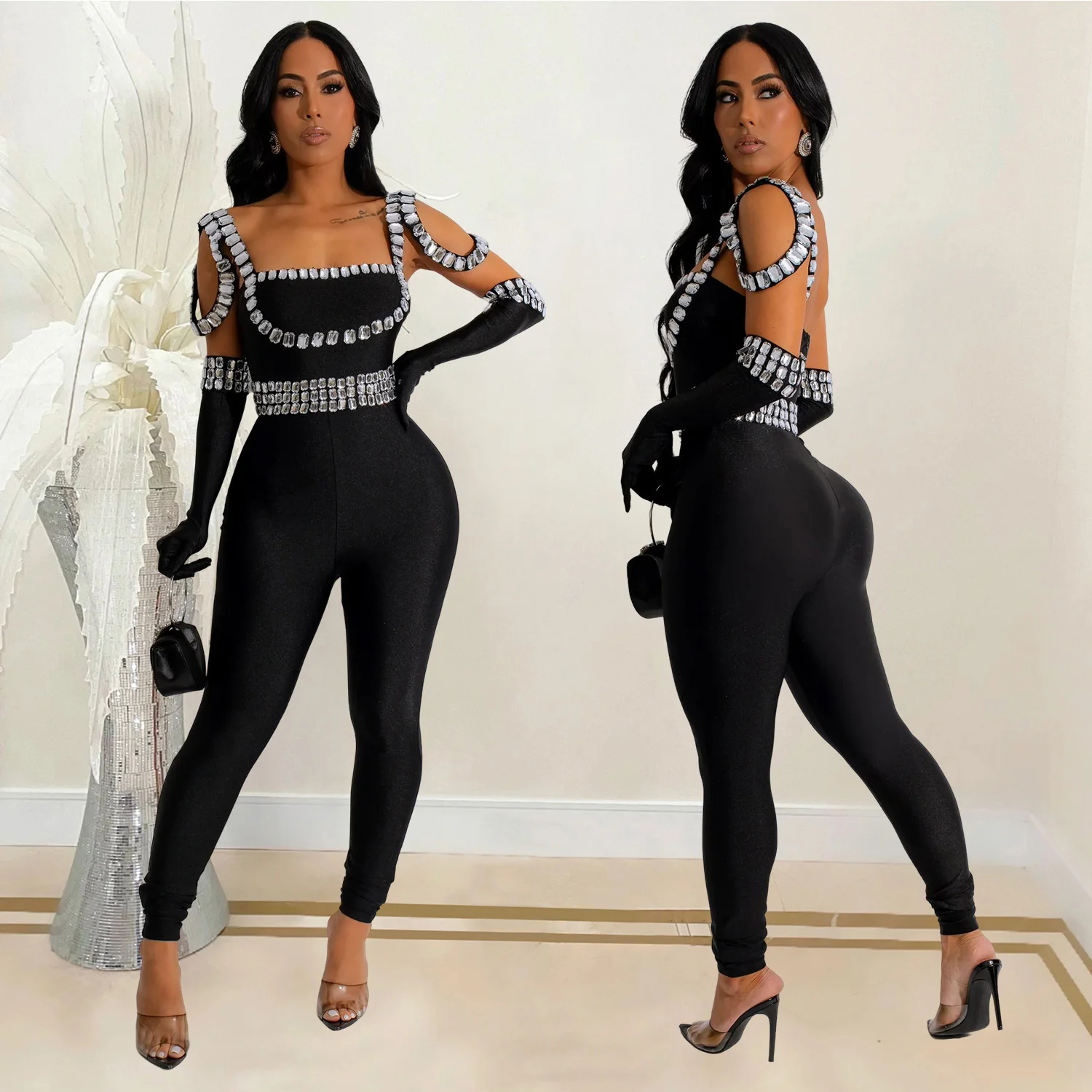 

New Style Suspender Rhinestone Gloves Jumpsuit