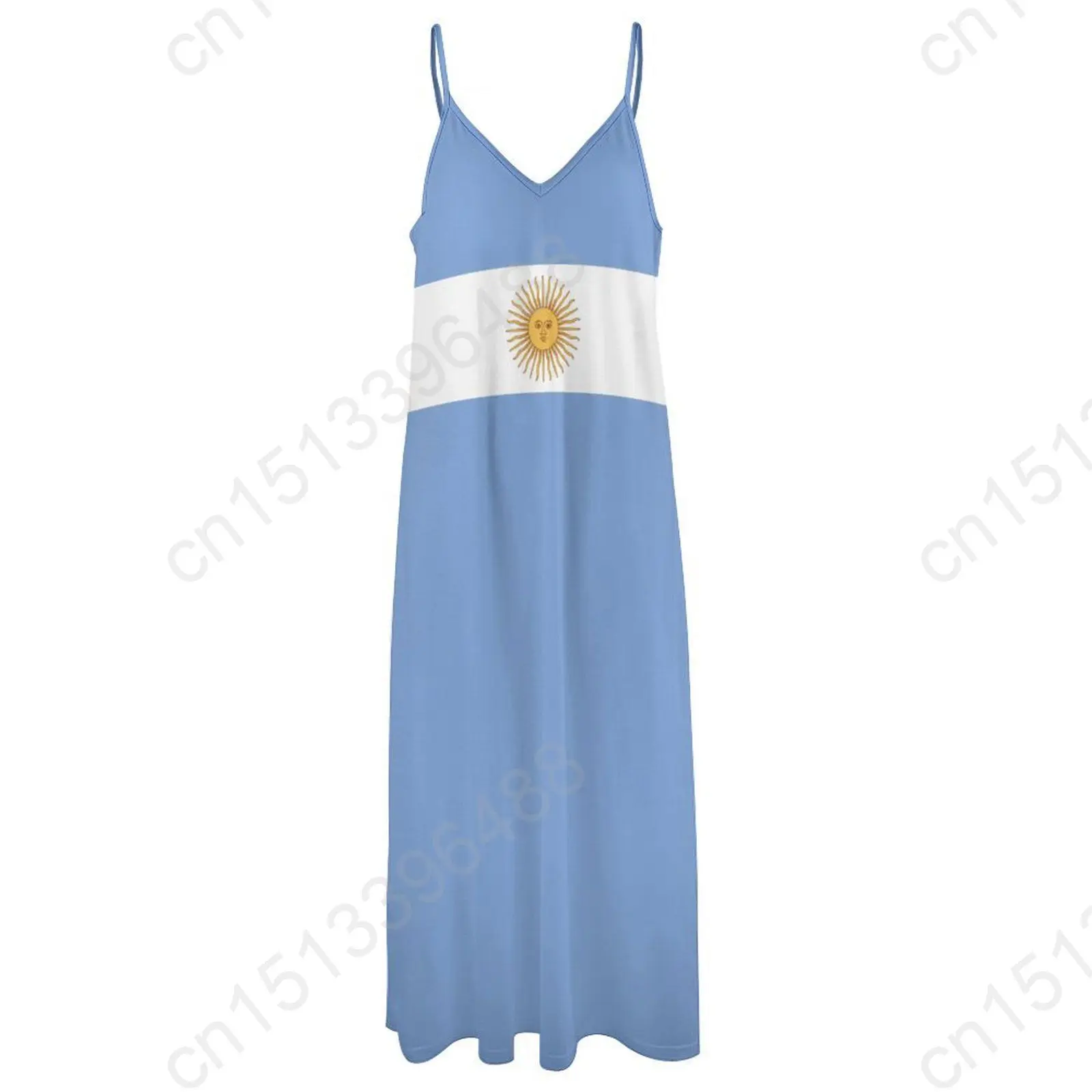 Vestido longo com estampa de bandeira argentina sem mangas, decote em v, vestido estampado, balanço retrô, casual, novo