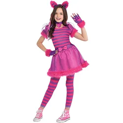 Kids Alice Cat Cosplay Cheshire Cat Costume Pink Purple Cartoon Tulle Girls Party Dress For Girls Halloween Fancy Dress Up