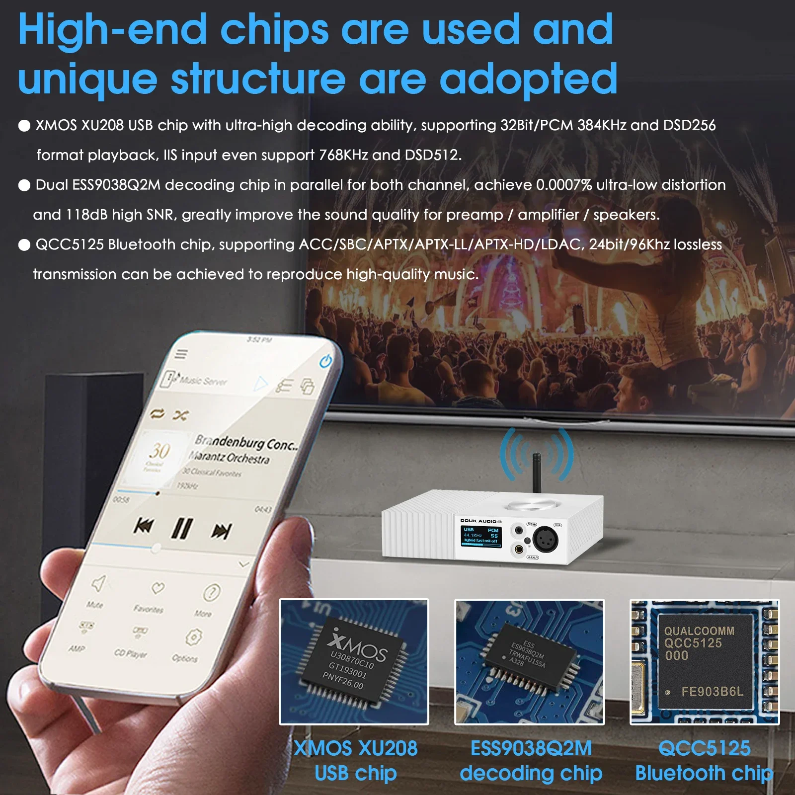 Nobsound Bluetooth 5.0 Dual ESS9038Q2M Full Balanced Decoder XMOS XU208 USB DAC w/OLED Screen Headphone Amp LDAC