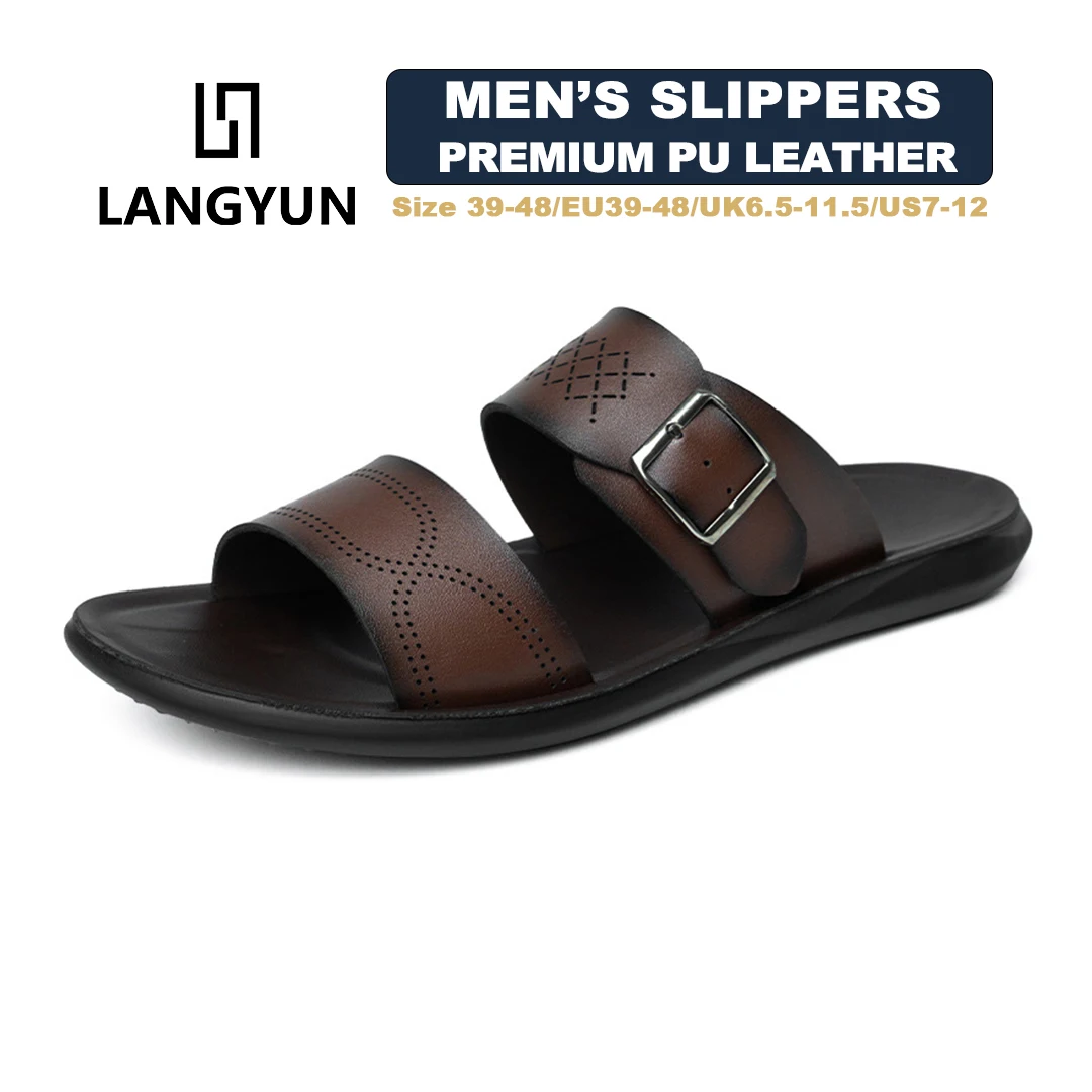

LANGYUN Men's Summer Casual Leather Slippers Non-Slip PU Sole Beach Sandals Comfortable Outdoor Walking Shoes Size46 47 48