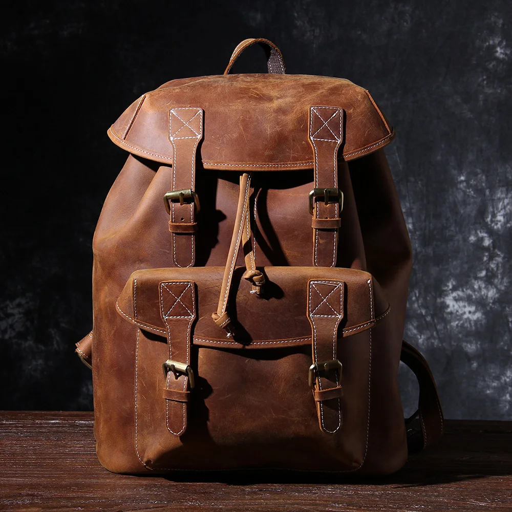 S.WORKER Vintage Echtleder-Rucksack für Herren, Reise-Vintage-Crazy-Horse-Schultasche, Große Laptop-Schultertasche aus Rindsleder für Männer – Detail 7