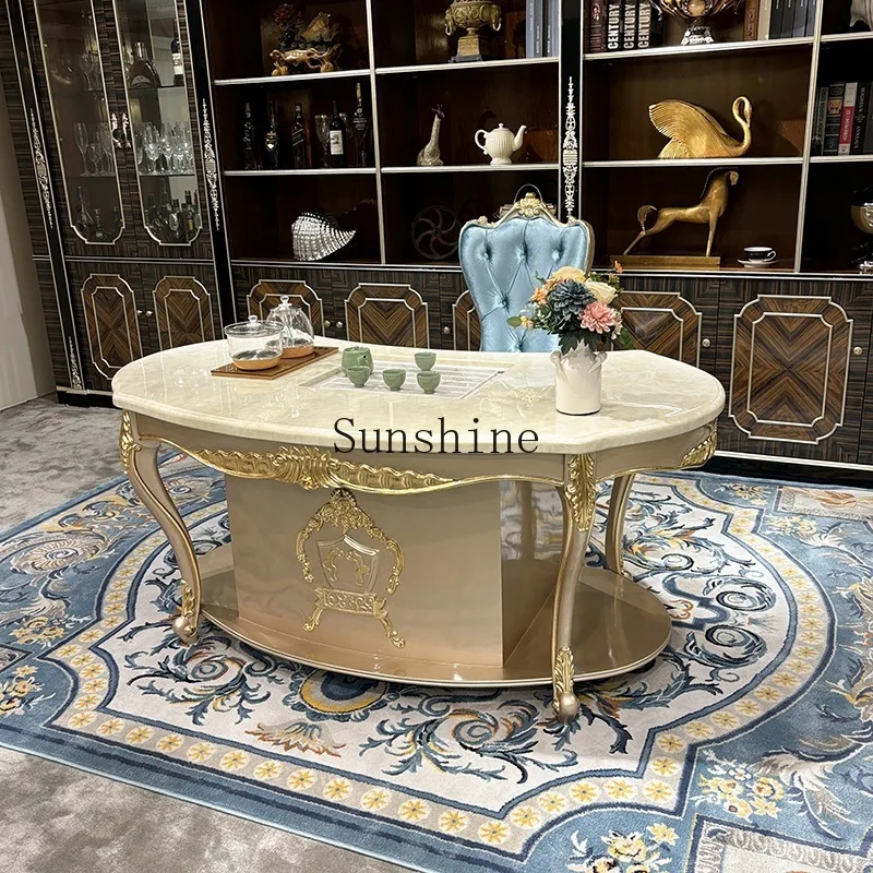 

European solid wood champagne carved marble tea table with drawers