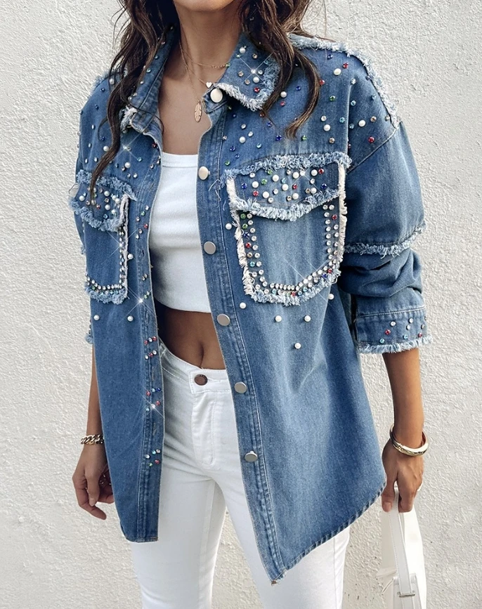 Denim jack dames 2025, herfst nieuwe strass turn-down kraag, lange mouw, knop aan de voorkant, kwastje ontwerp, denimblouse met zak