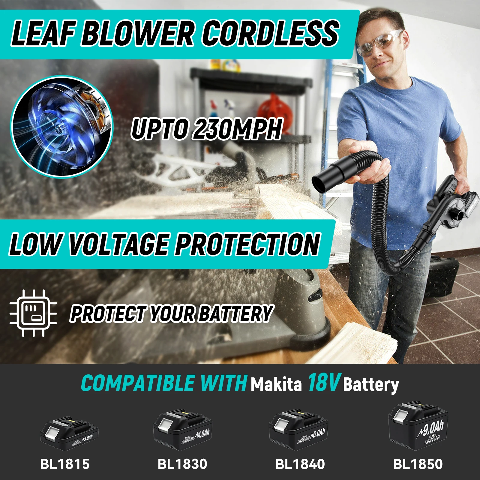 New Koopa Tool Mini Cordless Leaf Blower For 18V Makita BL1830 Battery Vacuum 150CFM Up To 230MPH, 2-in-1 Handle Electric Blower