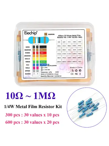 300/600PCS 1/4W Metal Film Resistor kit 1% 30 values 0.25W Resistors Kit 10Ω~1MΩ colored ring resistance Electronic Kit