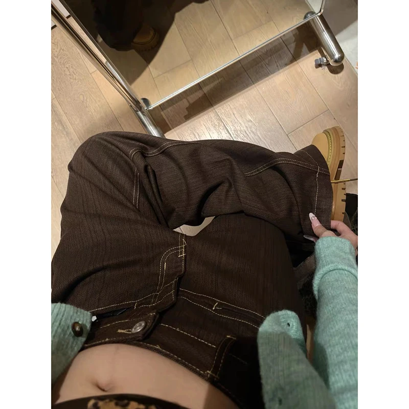 ZHIZOU American Pattern Embroidery Baggy Brown Jeans Women High Street Vintage Y2K 2000s Hip Hop Fashion Casual Wide-leg Pants