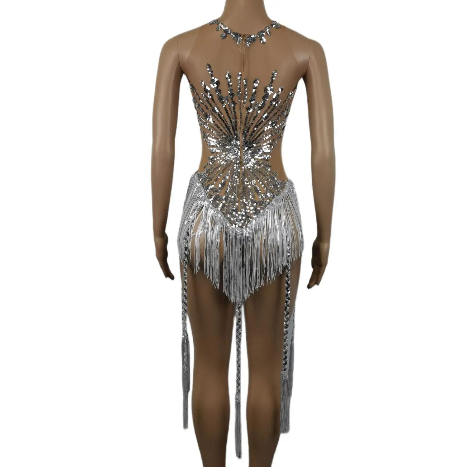 Glanzend Zilver Steentjes Pailletten Jumpsuit Festival Outfit Vrouwen Avond Prom Kwastje Bodysuit Verjaardag Vieren Jurk Shuihua