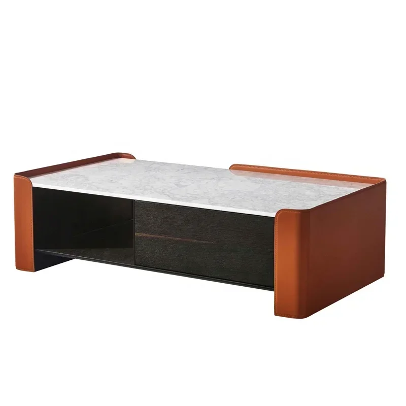 Luxury Home Furniture Saddle Leather Marble TV Cabinet Coffee Table