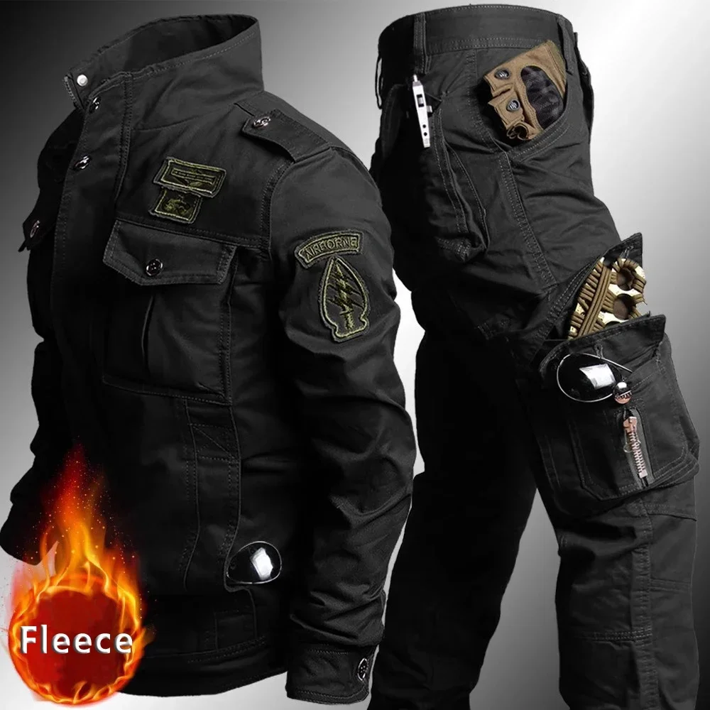 100% Cotton Flight Jacket Pants Set Men Tactical Suit Outdoor Military Work Wear Winter Fleece Airborne Army 6XL Multi Pockets