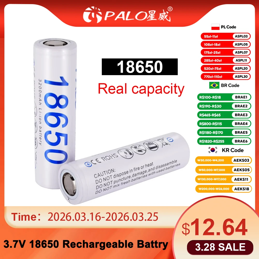 PALO 3.7V 18650 Lithium Rechargeable 18650 Battery 100% Original NCR18650B 3.7v 3200mah 18650 battery For Flashlight batteries
