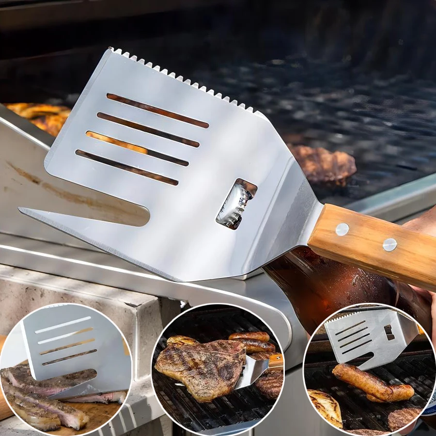 

5in1 Grill Spatula with Knife Multifunction grill Spatula Wooden Handle Bottle Opener for BBQ grills and Kebab for Amping Picnic