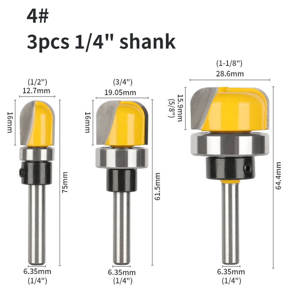 3pcs Woodworking Router Bits Set with Bearing Round Nose Milling Cutter 635mm Shank Bowl and Tray Template High Strength Steel