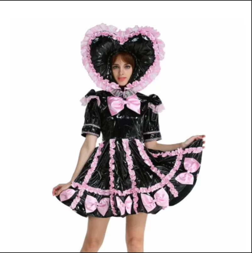 

Fashion Adult Giant Baby Sexy Girl Black PVC Lockable Dress Pink Satin Bowtie Lace Sissy Role Play Makeup Ball Customization