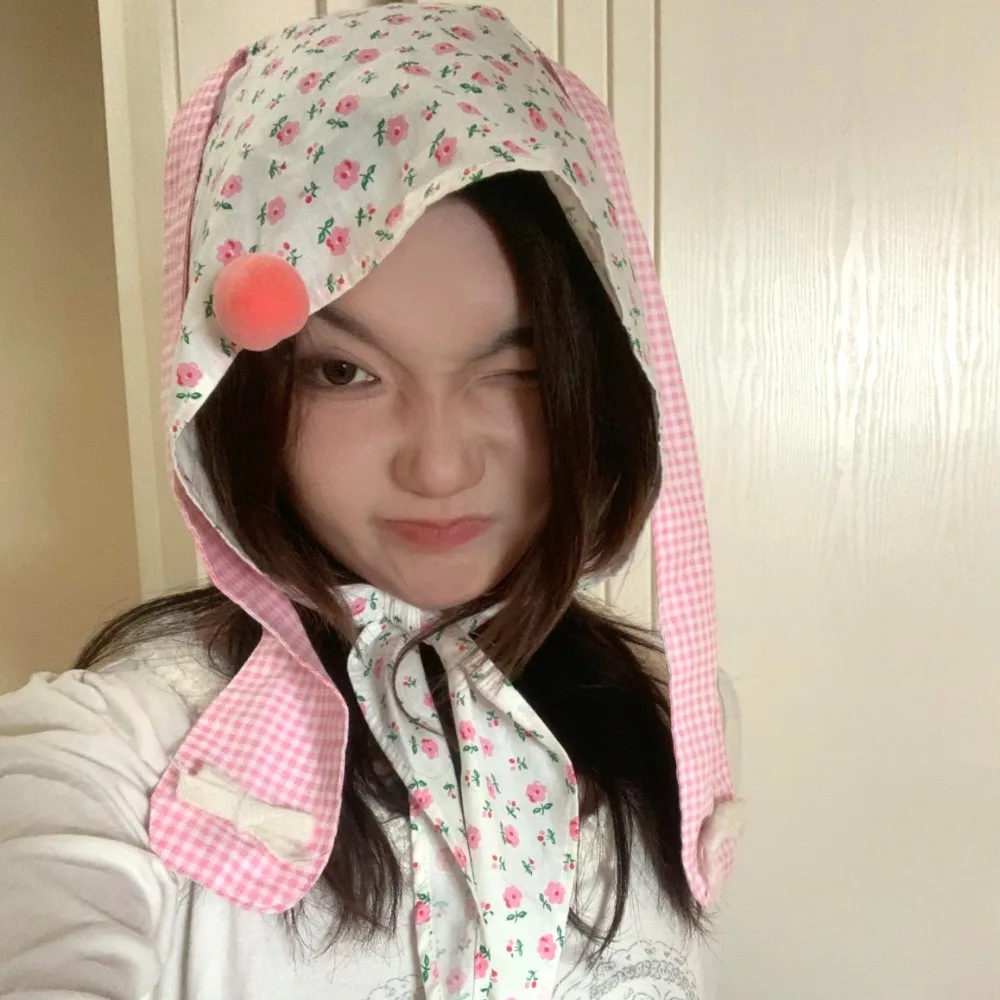 

Темпераментная Y2K корейская шляпа с кроличьими ушками, милый шарф в горошек с цветочным принтом, пуловер с бантом, персиковый пуловер, кепка для девочек