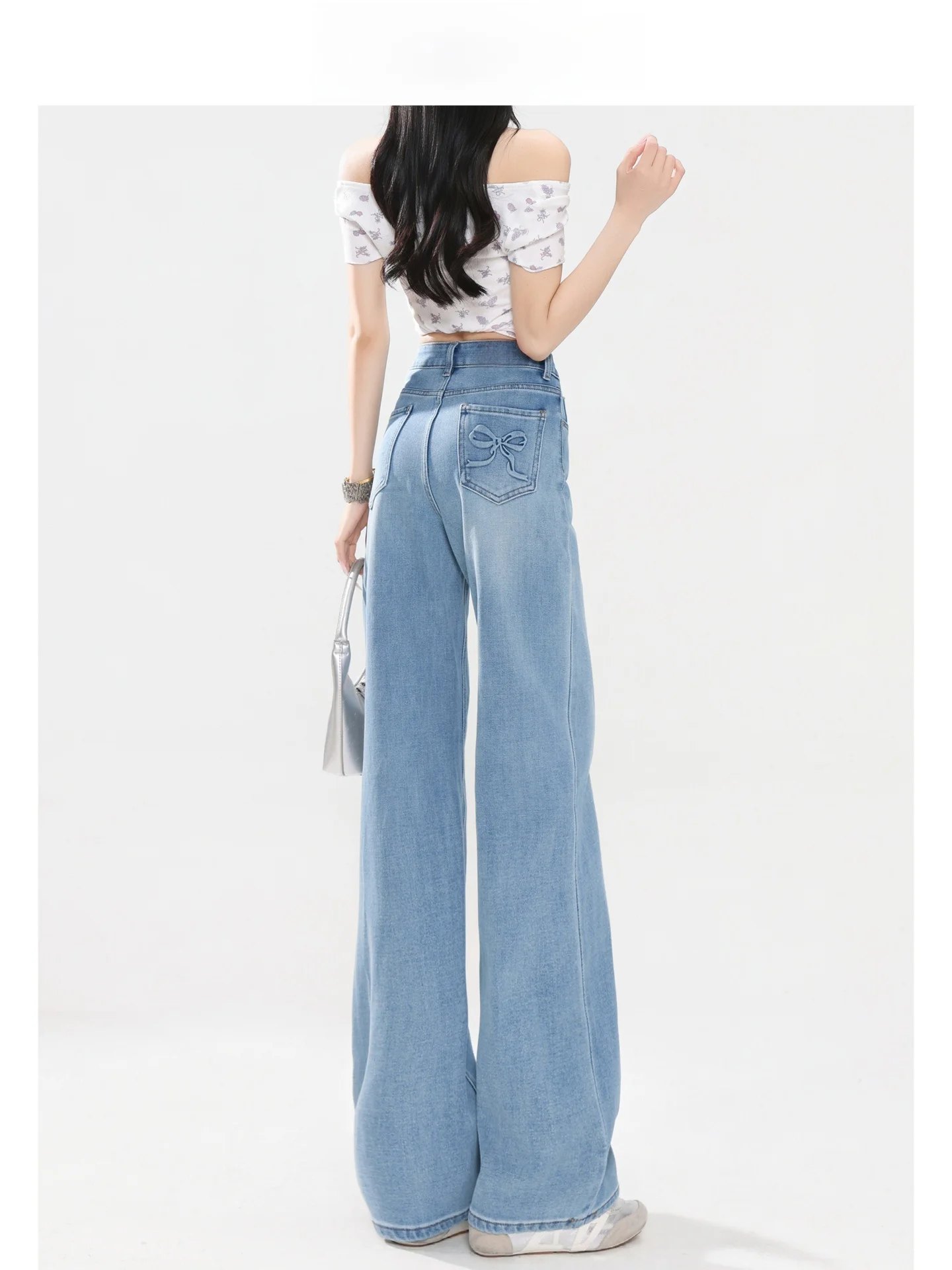 Jeans de Pierna Ancha con Nudo Único de Cintura Alta Forever 21 para Mujer, Versión Estrecha de Verano Azul Claro, Pantalones Rectos Holgados
