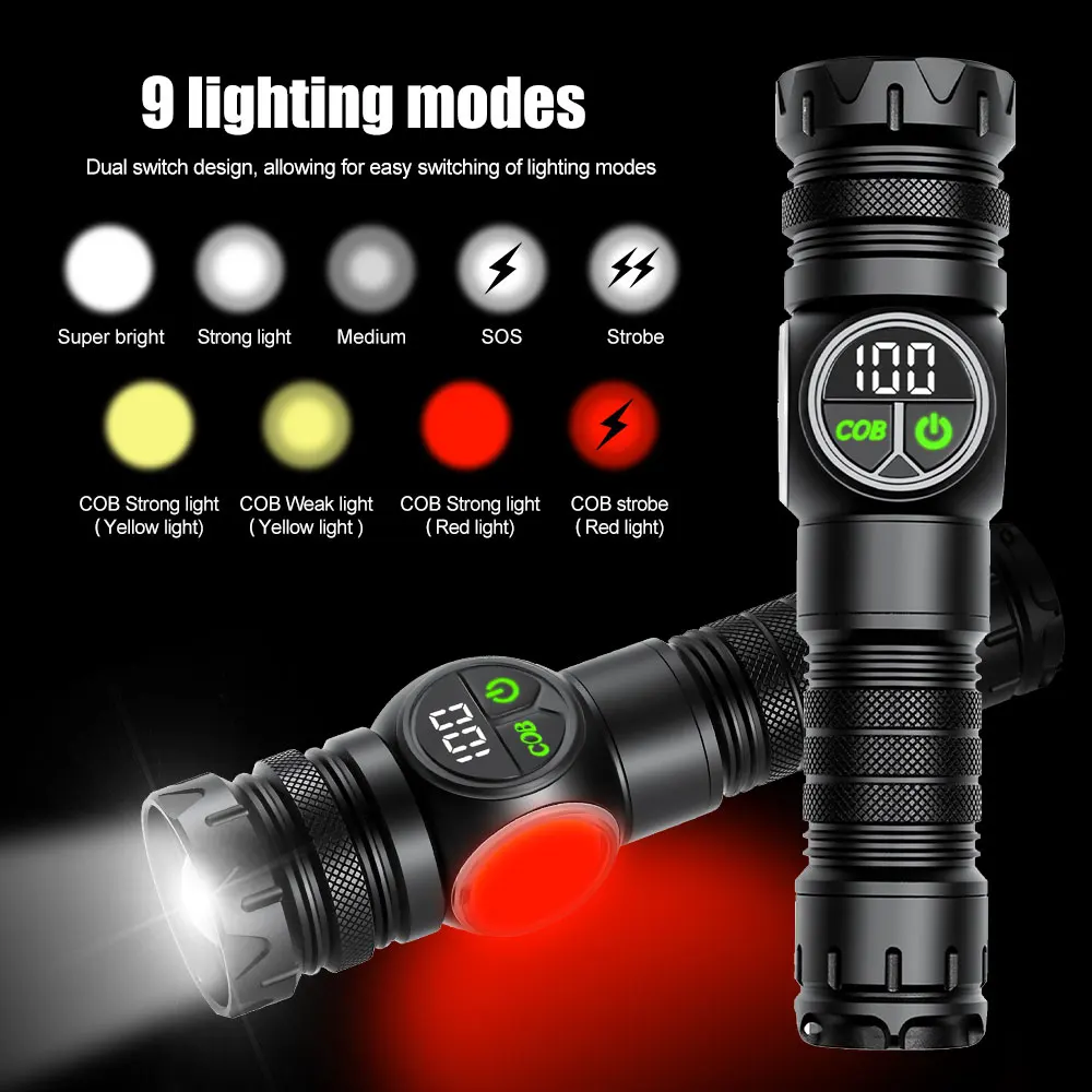 LED+COB Super Bright Flashlight Outdoor Rechargeable Zoom Lantern Emergency High Strong Power LED Flashlights For Camping Hiking