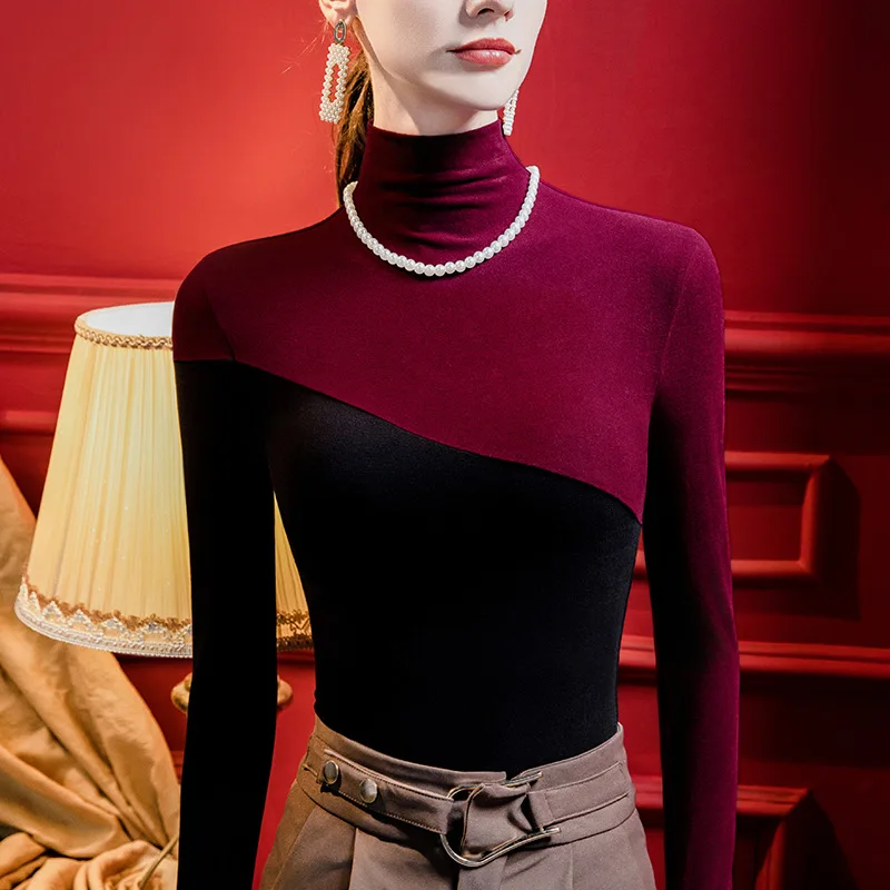 カラーブロックタートルネックトップ女性起毛長袖シャツソフト暖かいベーシックインナーウェアシック 2025 秋冬新着
