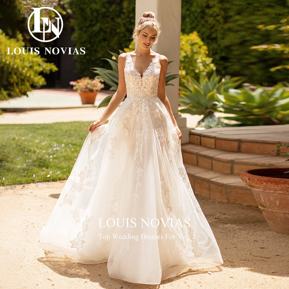 LOUIS NOVIAS-Vestidos de boda con estampado Floral Para Mujer, traje elegante de Organza y tul con cuello en V