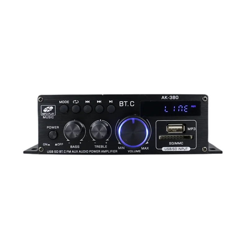 Amplificador de potência Ak380 para carro, estéreo Bluetooth, Home BASS, amplificador de áudio, leitor de música, classe D, FM, USB, SD, 800W, 12V