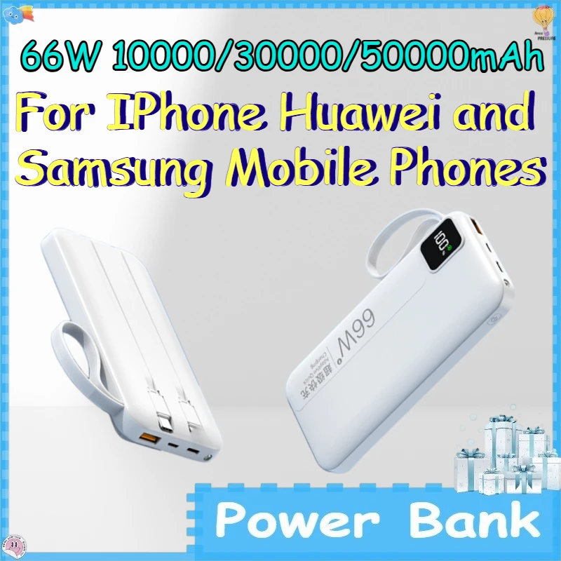 66W 10000/30000/50000mAh Power Bank for IPhone Huawei and Samsung Mobile Phones Fast-charging Mobile PowerBank with Cable
