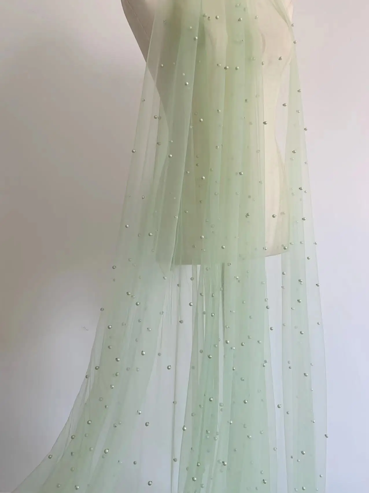 Gorgeous Sage Green Mesh Lace Fabric with Pearl for Bridal Veil,Skirt,Wedding Dress,Haute Couture,Light Blue Beads Gauze