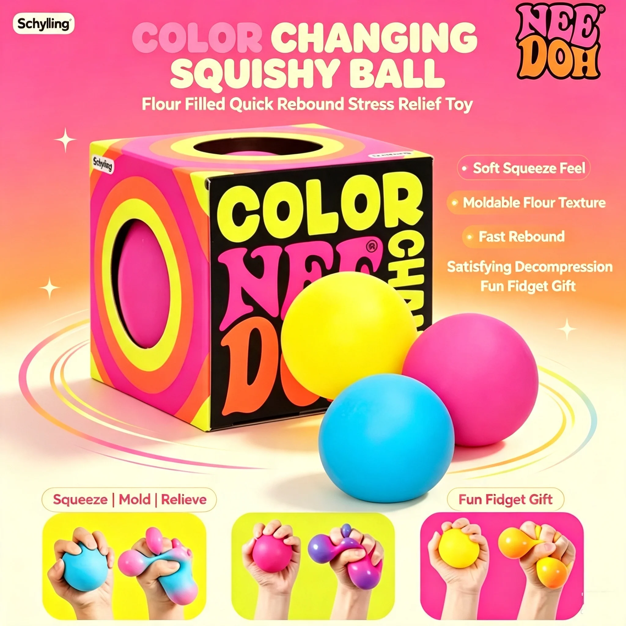 Schylling Needoh Extrude Color Change Sensory Stress Relief Balls Fidget Squishy Toy for Anxiety Relief Gift with Bind Box