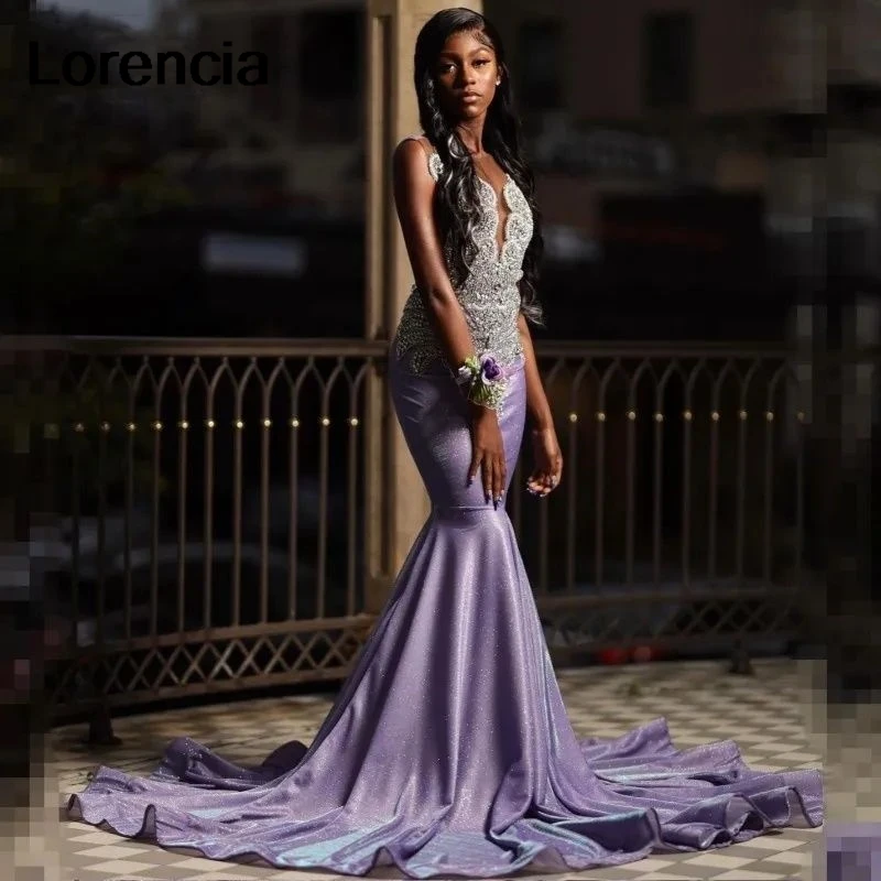 

Lorencia Sparkly African Lavender Mermaid Prom Dress For Black Girls Crystal Beading Sequins Party Gown Robe De Soirée YPD24