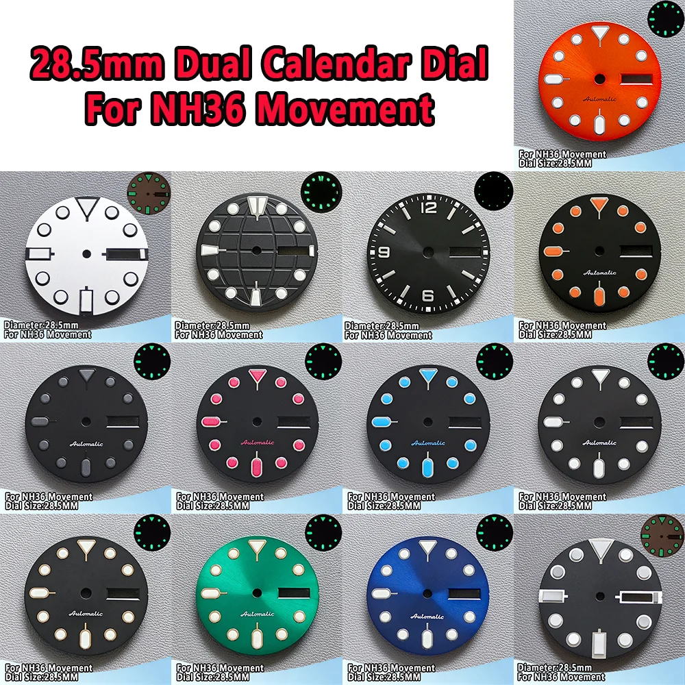 28.5mm NH36 Dials Dual Calendar Dial C3 Green Luminous Dial Suitable For NH36 Movement Can Support DIY Dial Customization Logo