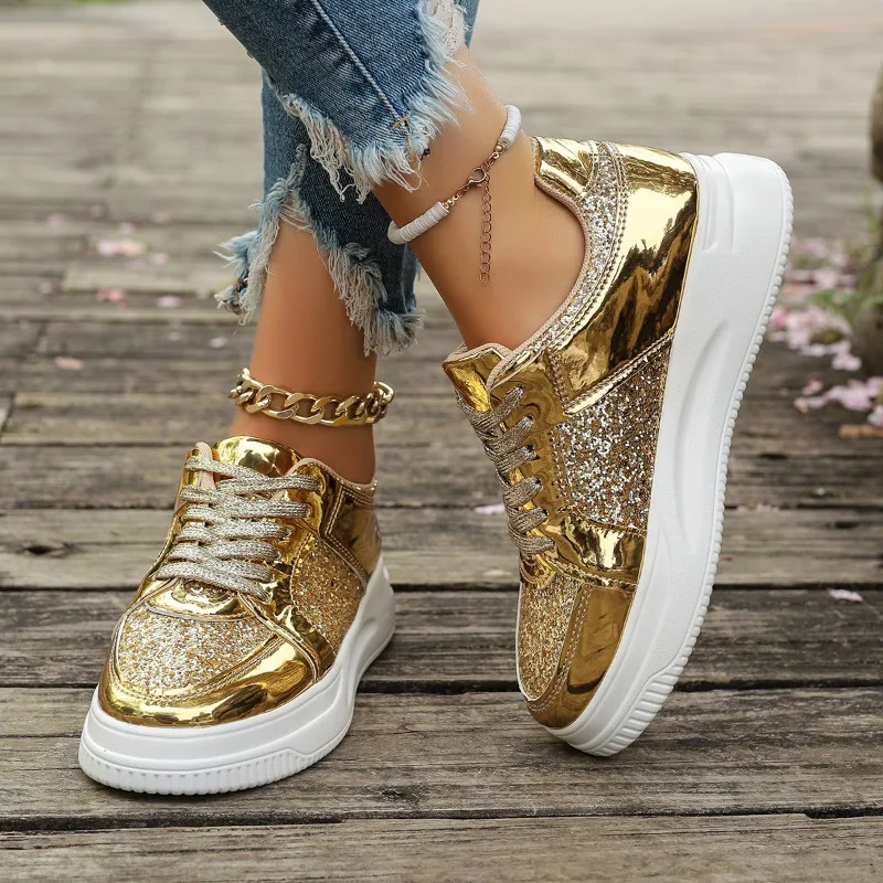 Sapatos com cadarço vulcanizado dourado para mulheres e homens, tênis casual de caminhada, sapatos confortáveis para amantes da moda, primavera, 2022