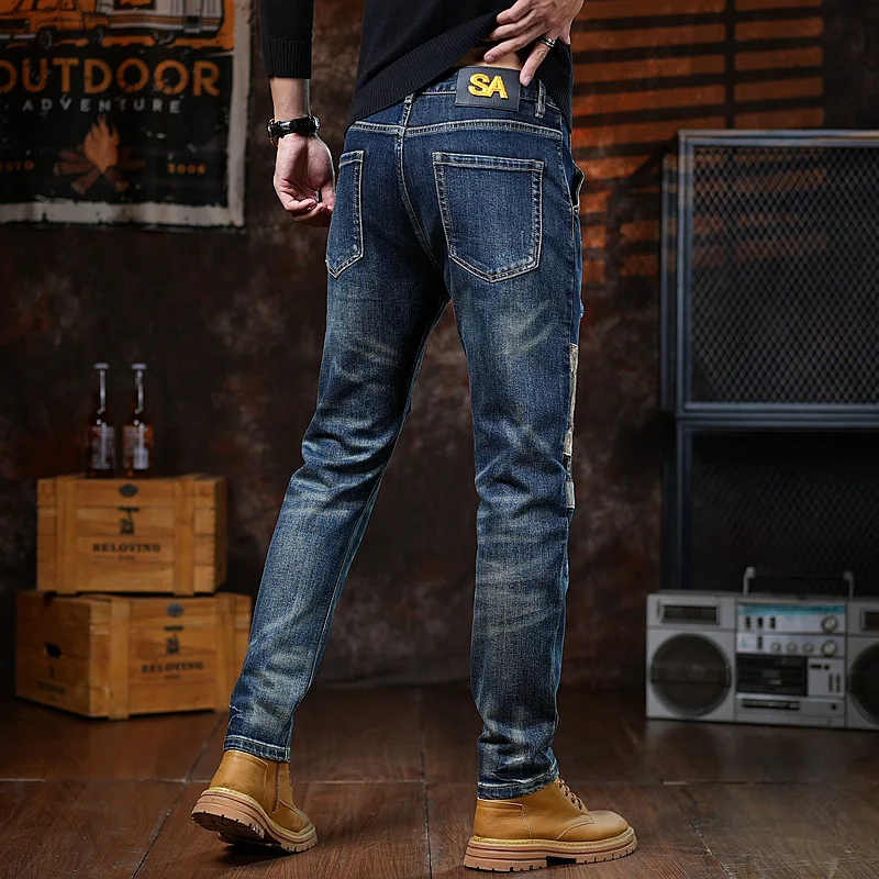 Needle sewn patchwork embroidered jeans for men, slim fit straight leg, personalized, fashionable, retro and trendy street pants