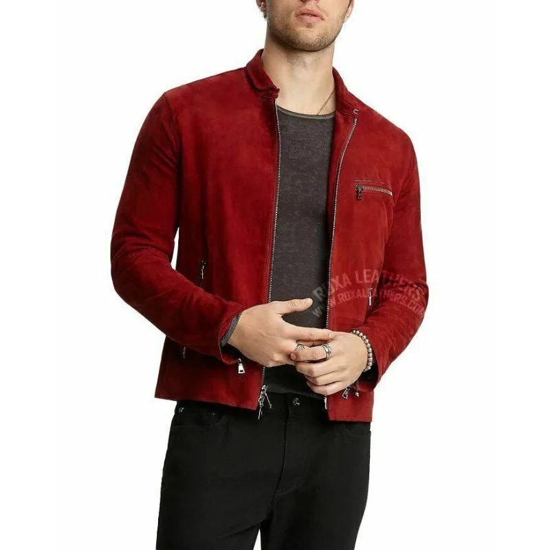 Men's Red Party Wear Pure Authentic Suede Leather Jacket Elegant Handmade Zipper