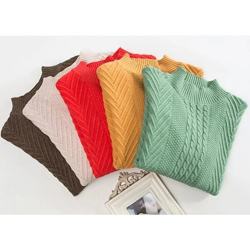 

2025NEW Autumn Winter Pullover Half Turtleneck Knitted Sweater Women Vintage Solid Long Sleeve Bottoming Female Tops Jumper Pull