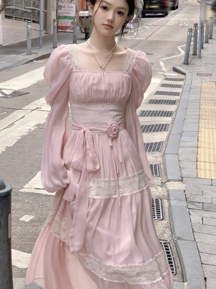 Vestido de encaje de manga abullonada para mujer, traje de gasa de cintura alta, Estilo Vintage francés, Y2K, Lolita, Fairycore, para fiesta de noche y graduación