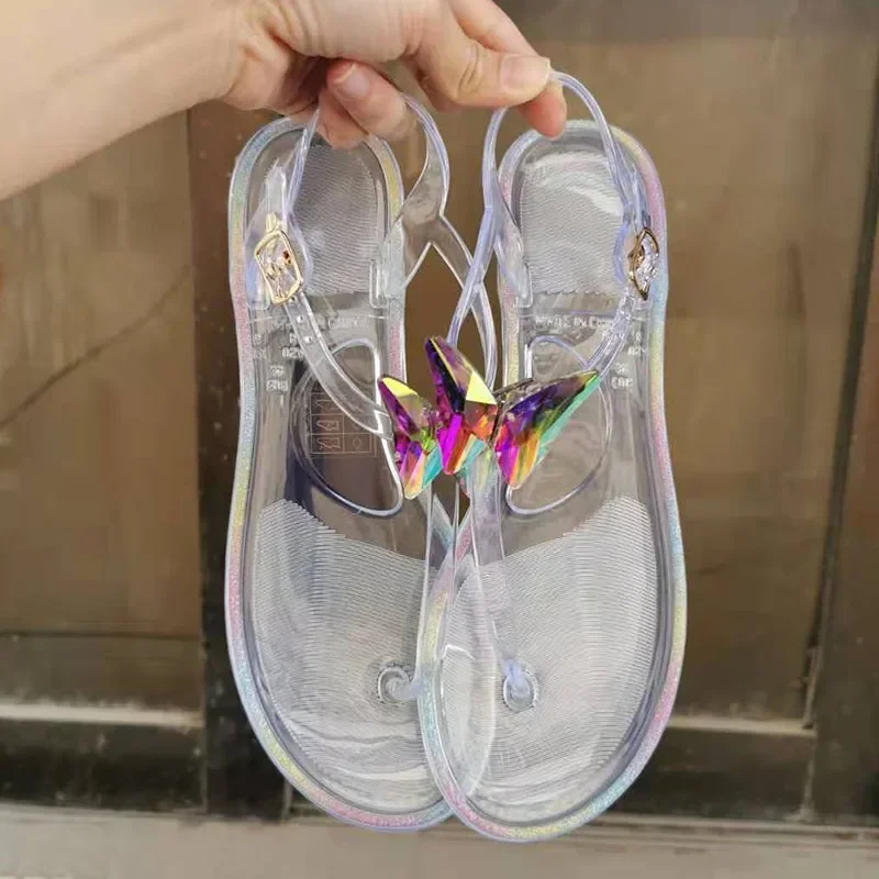 New Transparent Jelly Sandals for Women, Size 36-42 Butterfly PVC Crystal Summer Fashion