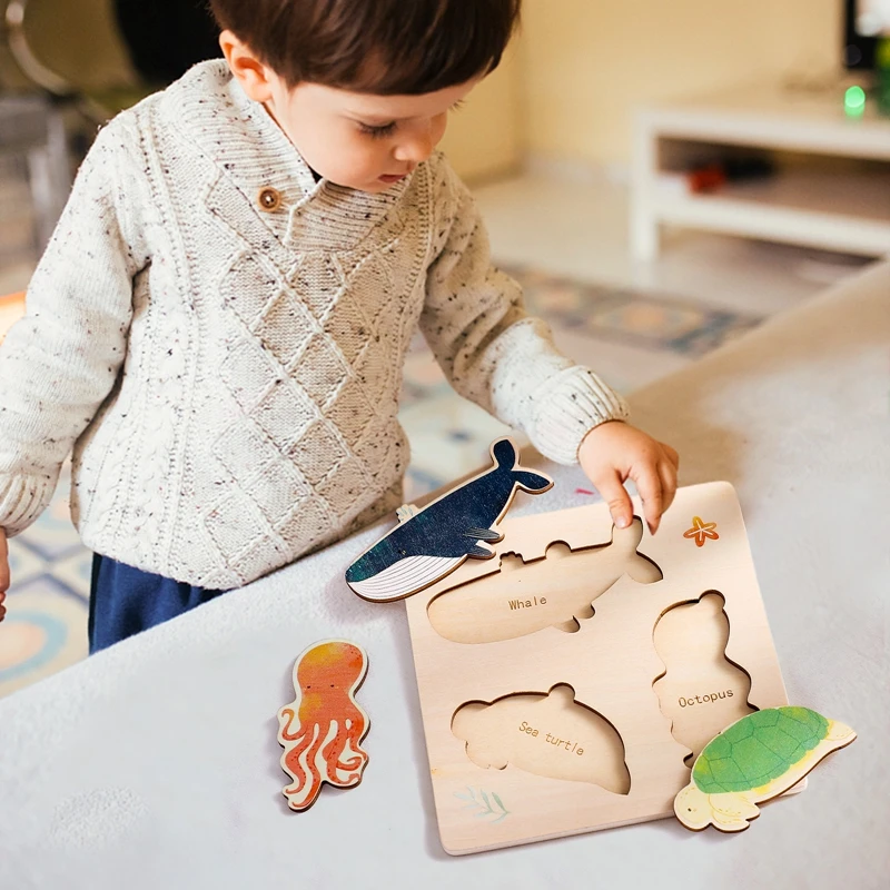 Juguetes de rompecabezas Montessori de madera para niños, patrón de animales del océano 3D, juguete a juego, reconocimiento de Color, Educación Temprana, juguetes infantiles, regalo