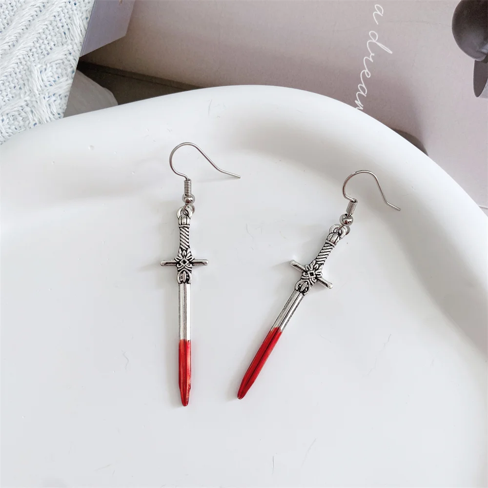 القوطية هالوين السيف الطويل الصليب القلب نازف النفط الدم وصمة عار سيدة الموضة الفاخرة المعادن الأذن هوك مهرجان مجوهرات اكسسوارات #5