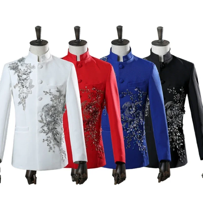 

Bilateral Inlaid Flowers and Diamonds Chinese Tunic Suit for Men, Singers Stage Stand-up Collar Performance Clothing 2-piece Set