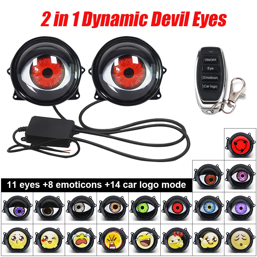 2 قطعة سيارة ديناميكية الشيطان العين موتو الزخرفية العلوي شيطان العين العالمي تعديل المصابيح الأمامية ثلاثية الأبعاد عدسة تصميم التحكم عن بعد