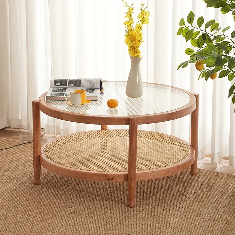 Nordic solid wood rattan glass coffee table simple and fashionable new living room balcony leisure Changhong glass home