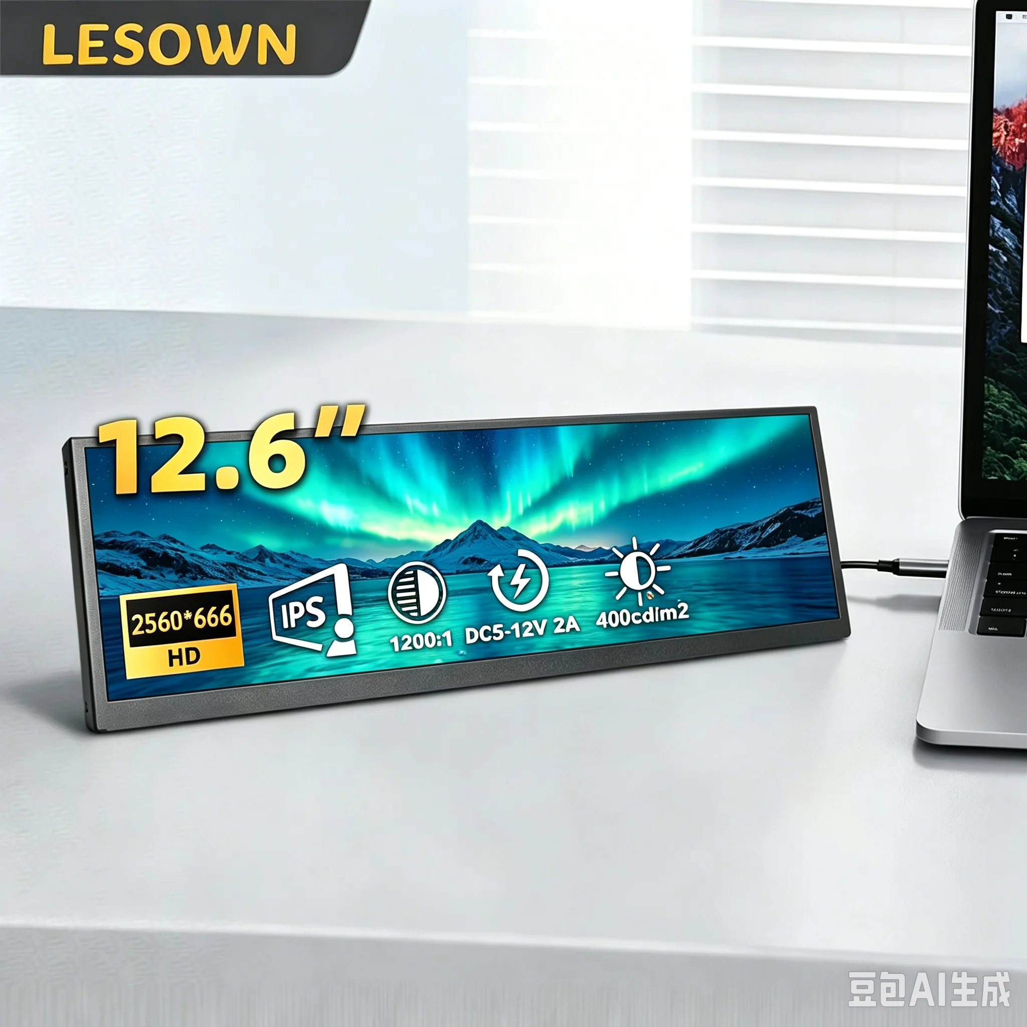 LESOWN 12.6 Inch Ultra Slim Bar Type Monitor 2560x666 IPS LCD Secondary Screen USB-C One-Cable Solution for Work and Gaming
