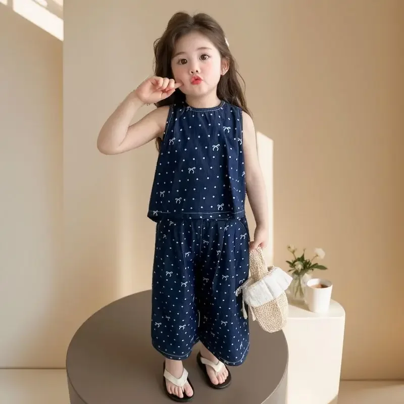 

Летняя мода с милым бантом для детей, милый синий жилет без рукавов для девочек, топ, футболки + брюки, пляжные костюмы из 3 предметов, модная одежда для вечеринок