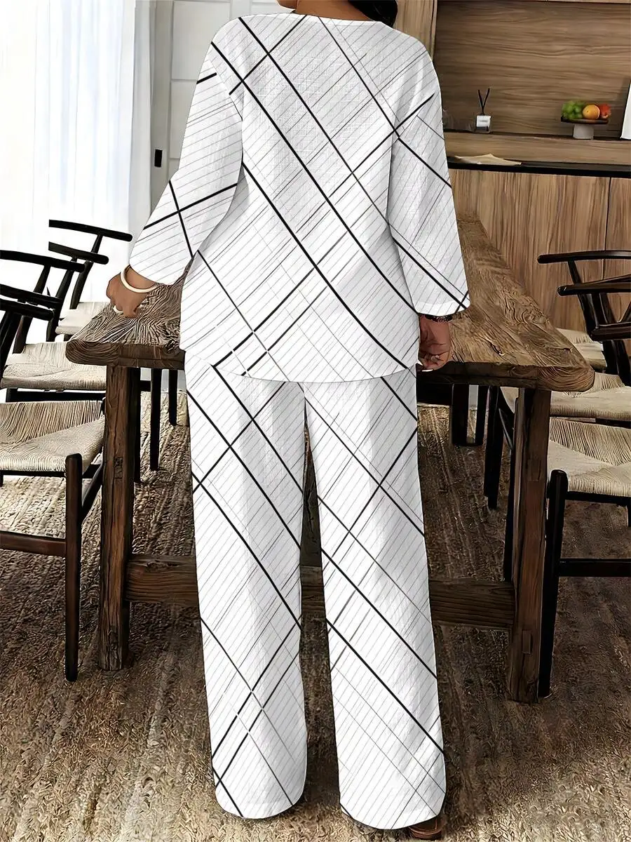 

Womens White Black Diagonal Plaid Slub Yarn Woven Comfortable Breathable Loose Fit Long Pants Set