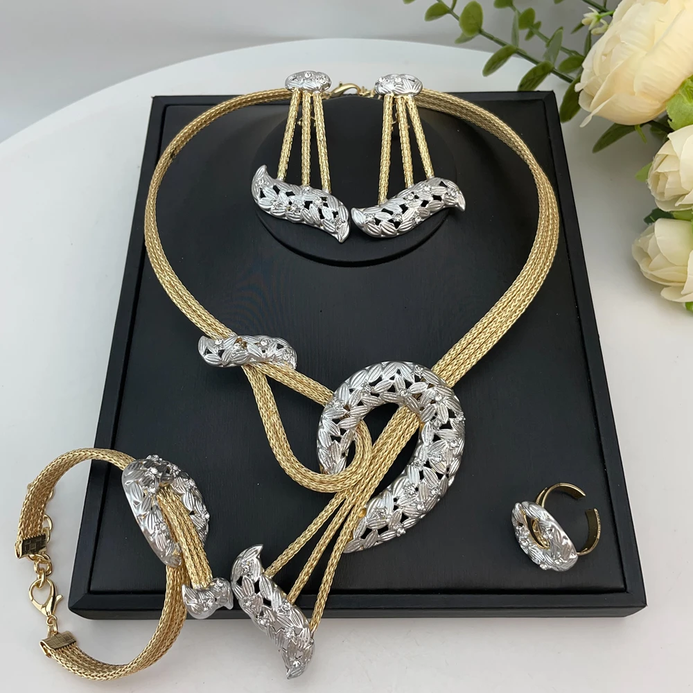 EMMA المرأة الأفريقية قلادة أقراط سوار فستان الزفاف حتى اكسسوارات طقم مجوهرات مطلية بالذهب الإيطالي FHK23157