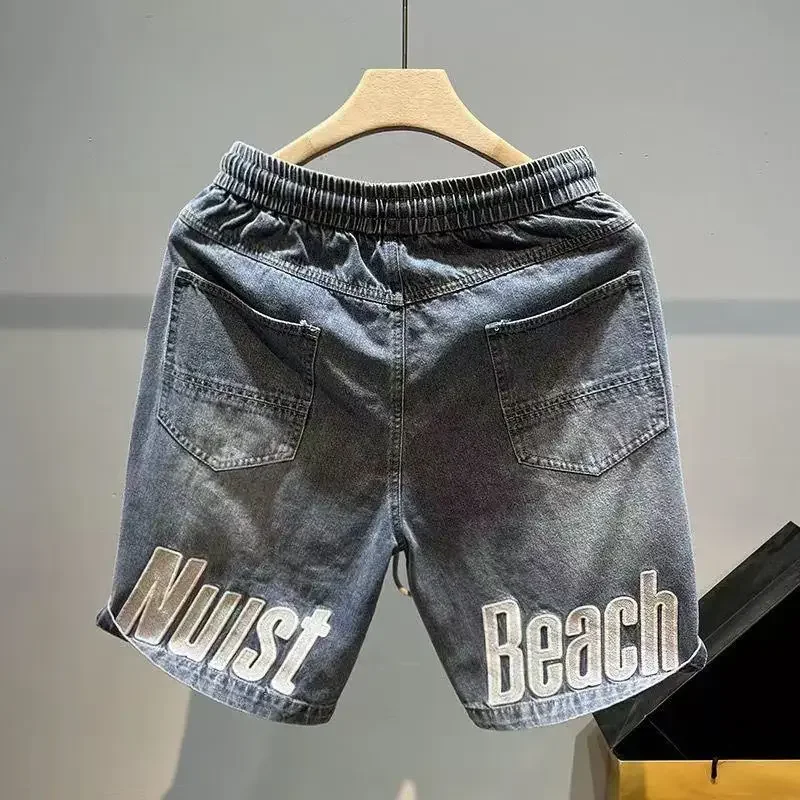 Male Denim Shorts Wide Drawstring Graphic Loose Men\'s Short Jeans Pants Baggy Harajuku Thin Xl Korean Fashion New in Cut Blue