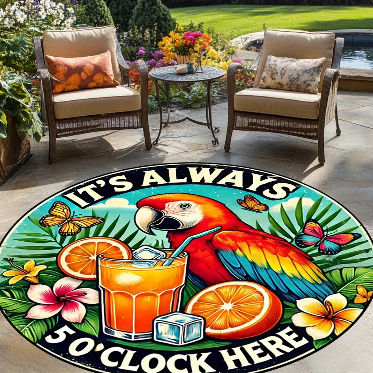 Tropical Parrot Cocktail Garden Rug 5 O Clock Here Outdoor Patio Mat Printed Flannel Material Summer Decor Beach Vibes Pool Side