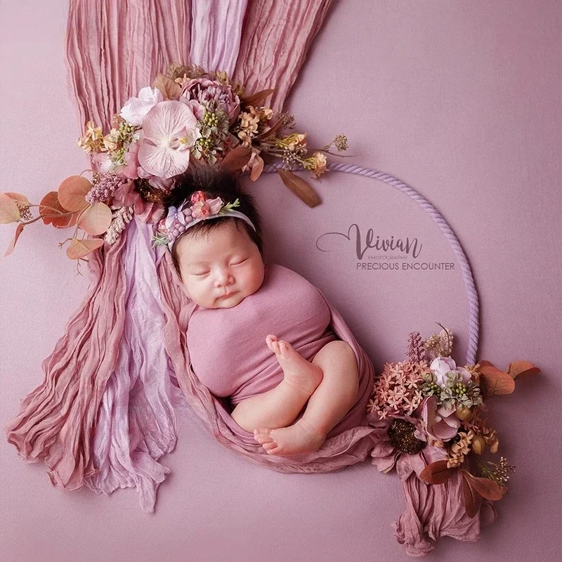 Newborn Photography Props Retro Florals Purple Theme Set Bubble Wrap Flowers Headband Blanket Decorations for Studio Photoshoot